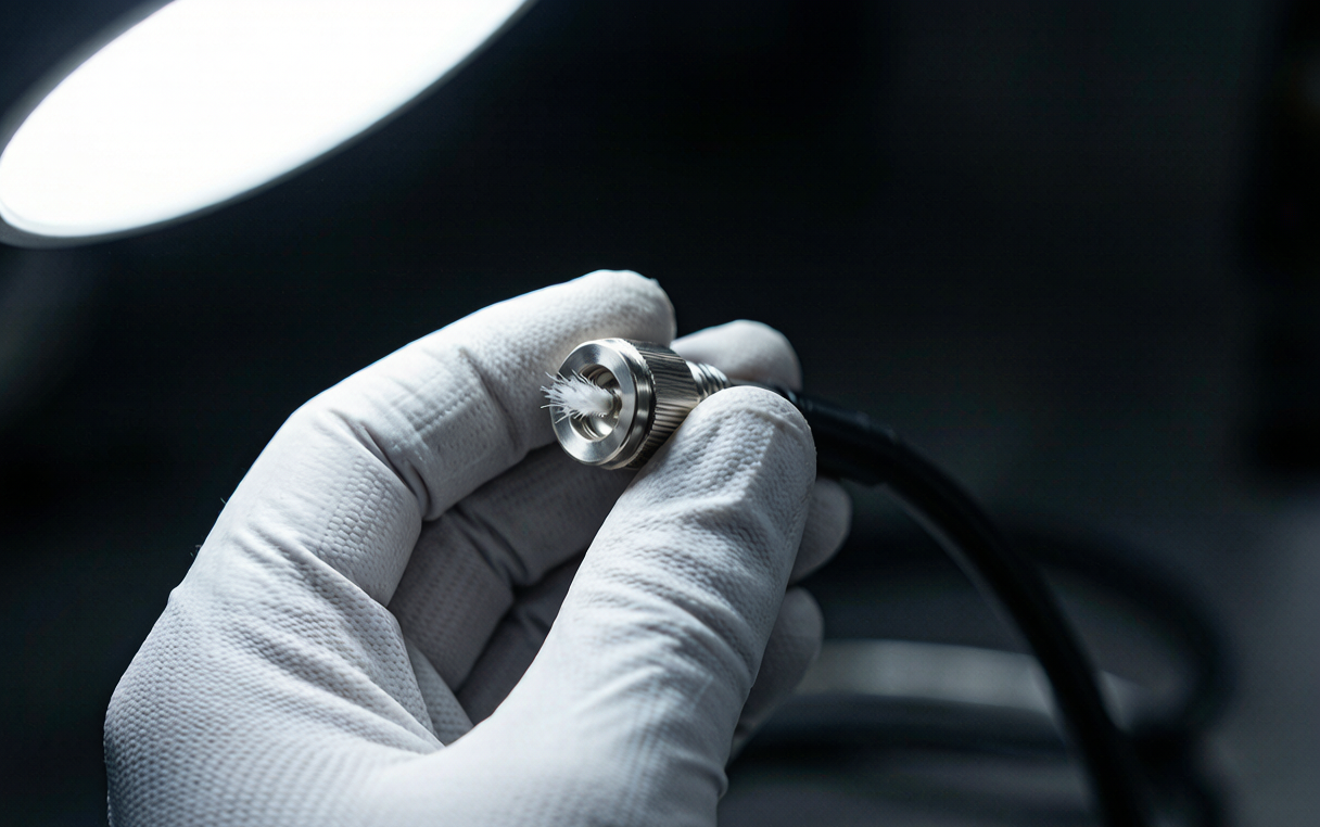 Macro view of endoscope light guide connector showing optical fiber bundle in the ferrule