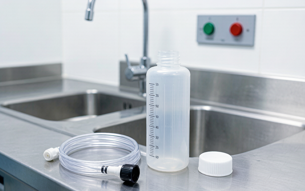 Endoscope water bottle with cap and tubing connector on a stainless steel reprocessing counter
