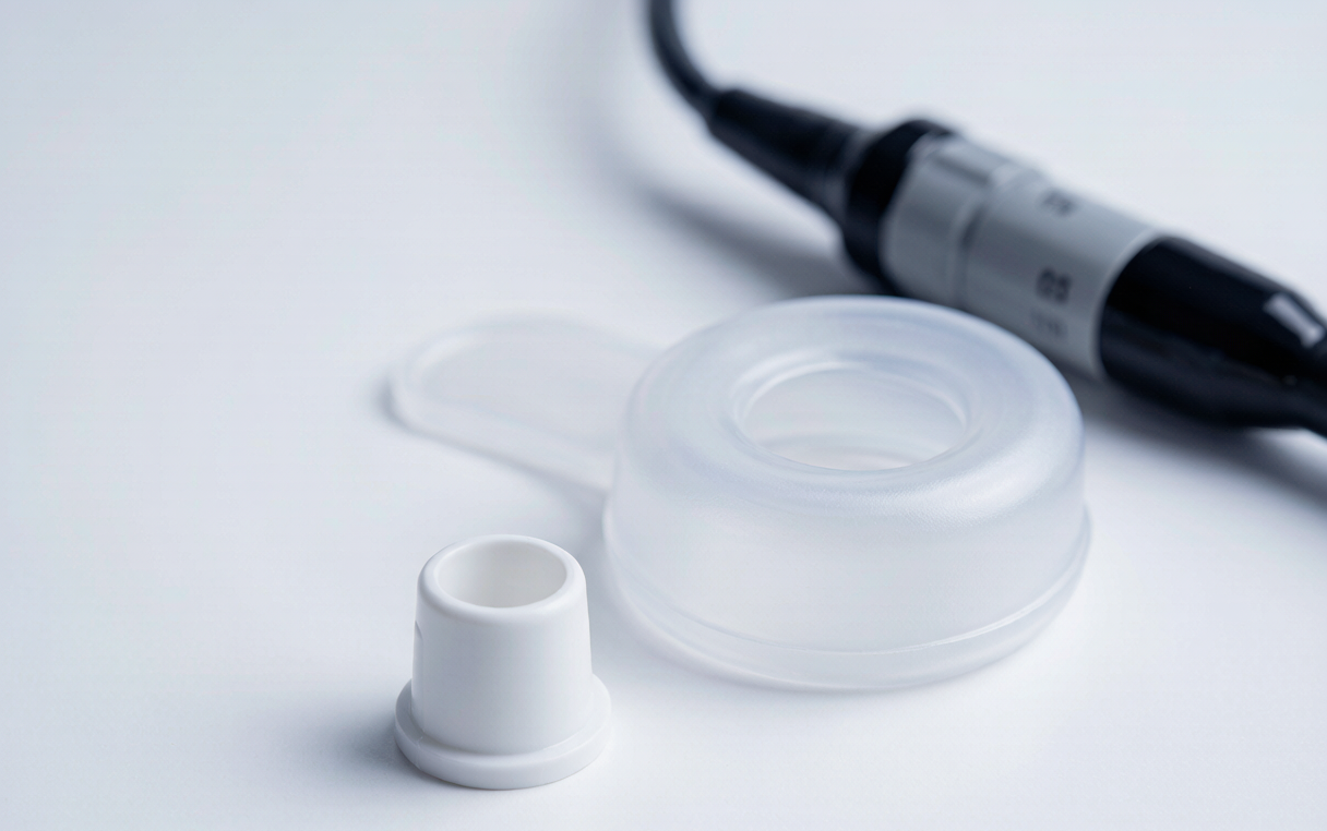Endoscope waterproof cover and disposable biopsy port cap on a clean clinical surface